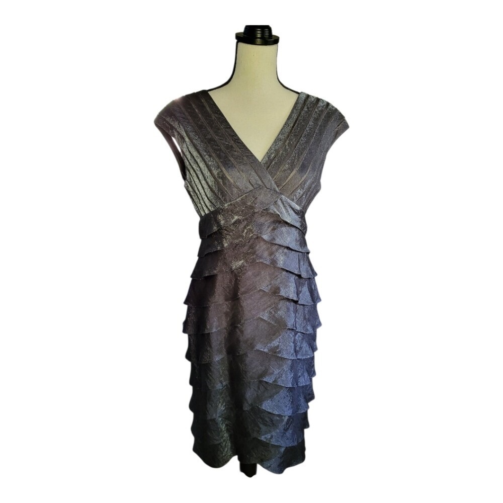 💕Adrianna Papell Shutter Pleat Layered‎ Dress Womens Size 10 Grey/silver
